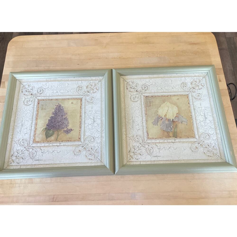 2 Vtg Home Interiors Iris & Purple Lilac Floral Pictures Sage Green CottageCore